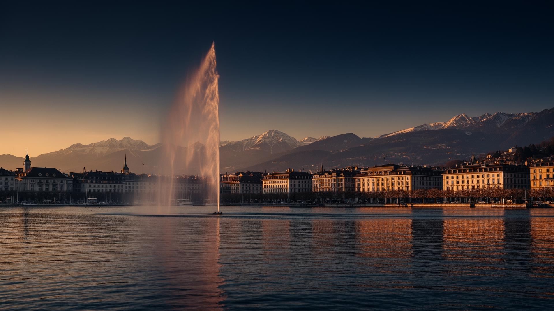 Geneva at golden hour with the Jet d'Eau and the Alps